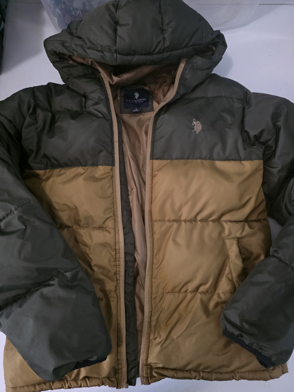 U.S. Polo Assn. Two-Tone Olive and Khaki Hooded Puffer Jacket